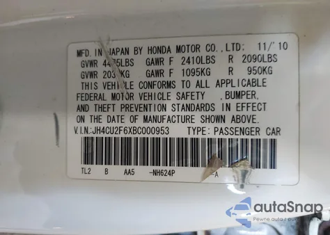 2011 Acura Tsx 2.4 from USA, damaged, VIN JH4CU2F6XBC000953
